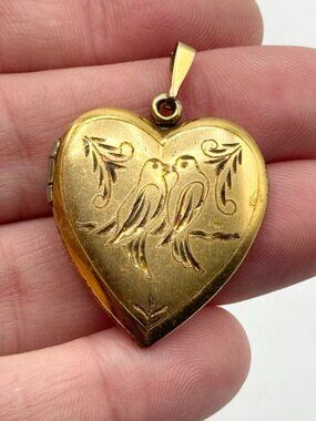 Gold filled estate heart love birds vintage locket pendant